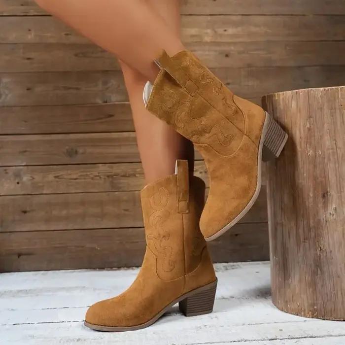 Bottines Western pour femmes, style cowgirl, vintage, bout pointu, talon épais, en cuir, à enfiler,