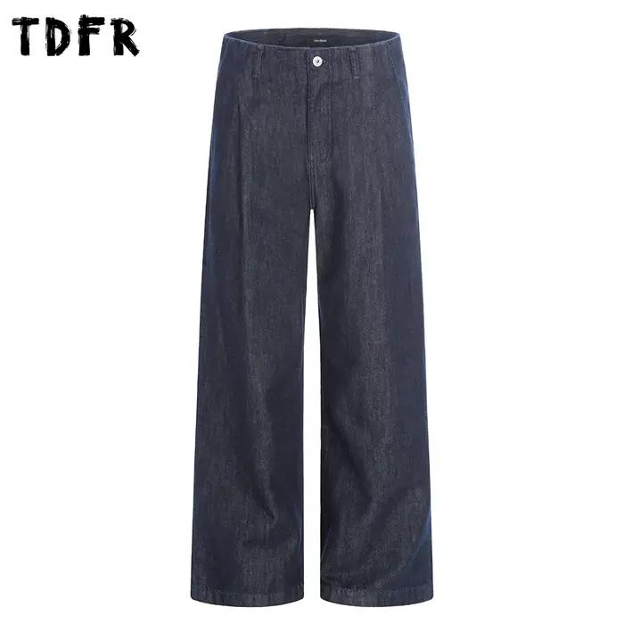 Rétro Simple jean hommes plissé décontracté lavé en détresse Baggy jambe large bleu Denim pantalon h