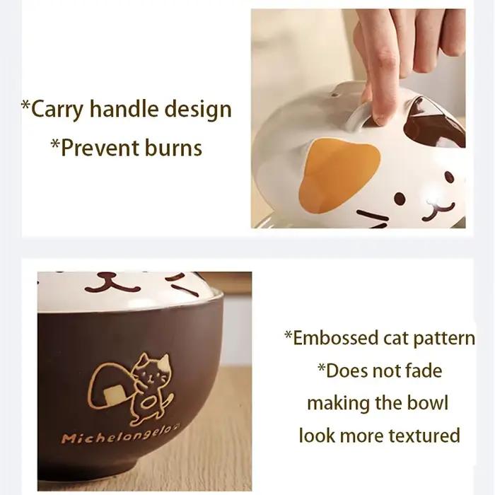 Bol à nouilles instantanées en céramique YWDL 550 ml avec couvercle, motif chat de dessin animé, cou