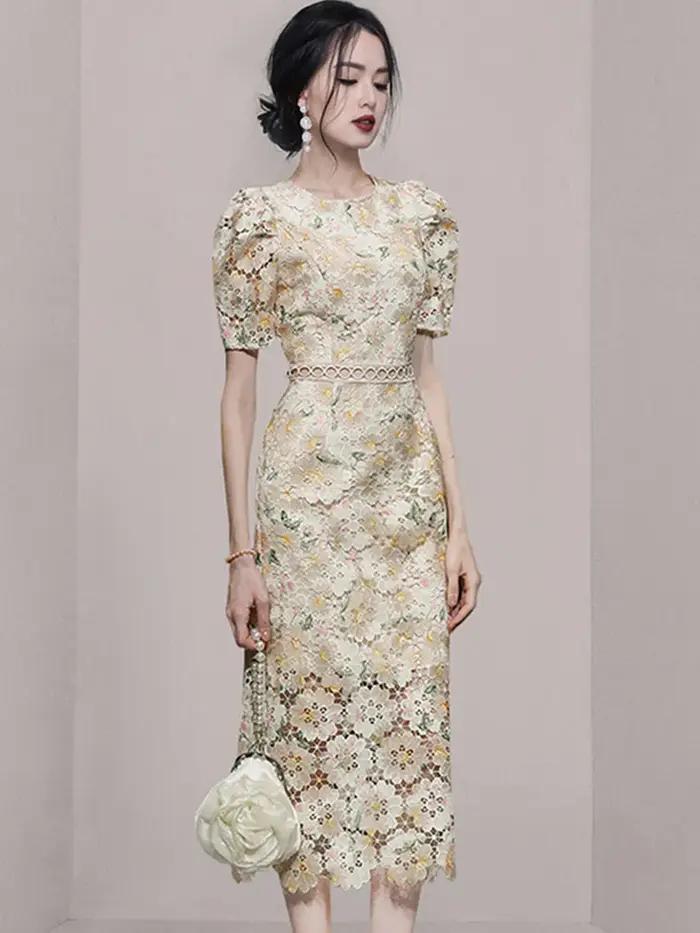 SMTHMA-Robe ajourée en dentelle brodée pour femme, manches courtes, vêtements féminins élégants, nou