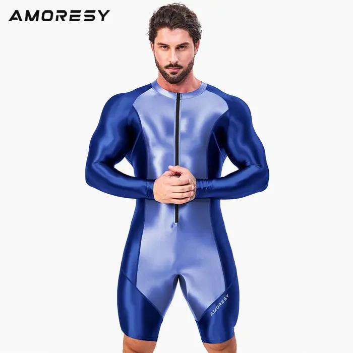 AMORESY hommes brillant avant fermeture éclair une pièce à manches longues collants Spandex maillot