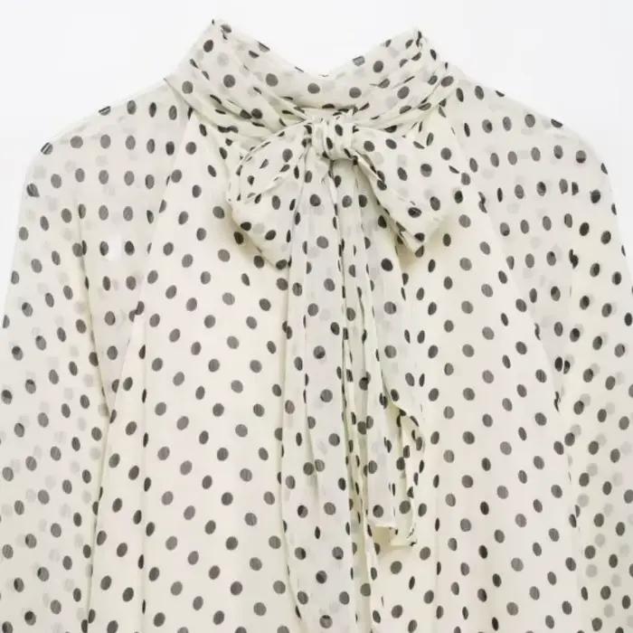 Chemisier élégant à pois pour femme, chemise en mousseline à col superposé et manches lanternes avec