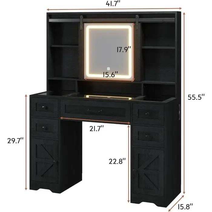 Vanité de maquillage éclairée de style ferme avec miroir coulissant et bureau à plateau en verre ave