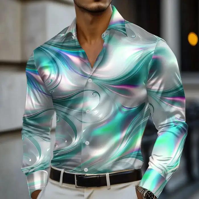 Chemise d'art liquide abstrait en marbre pour hommes, chemise formelle à manches longues, mode décon