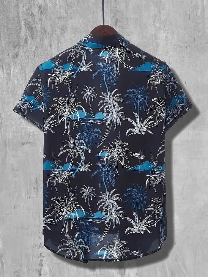 Chemise hawaïenne imprimée cocotier, chemise décontractée à manches courtes boutonnée pour hommes po