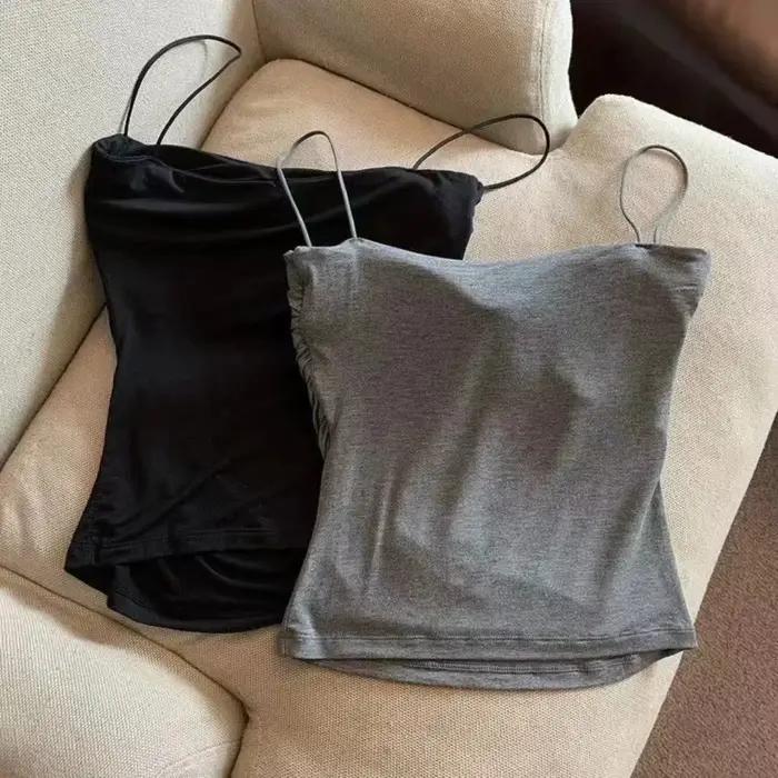 Gilet plissé sans manches pour femmes, Slim Fit, Sexy, haut court avec fines bretelles, couleur unie