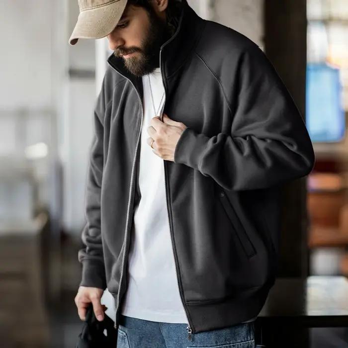 Maden-Cardigan Polar Smile avec col montant pour homme, sweat-shirt de sport, veste à glissière, man
