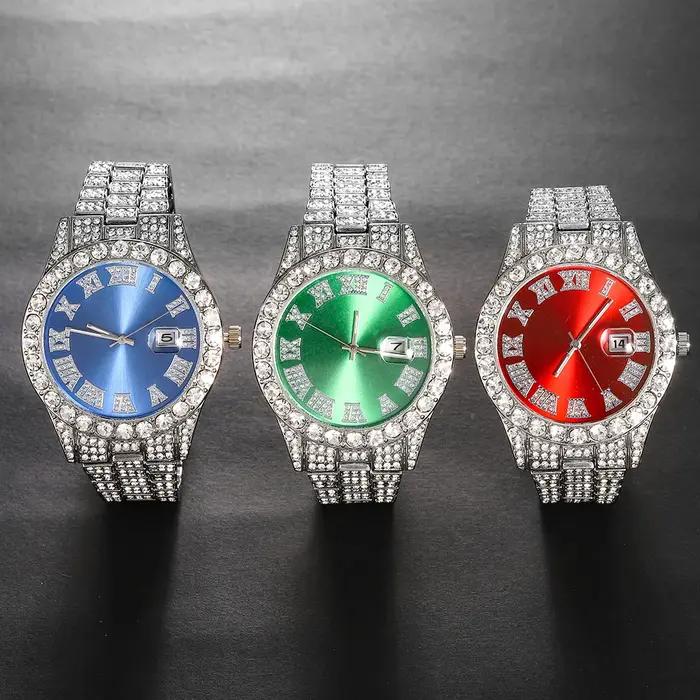 Ensemble de montres en argent pour hommes, 3 pièces, Hip-hop Punk incrusté de diamants + chaîne cuba