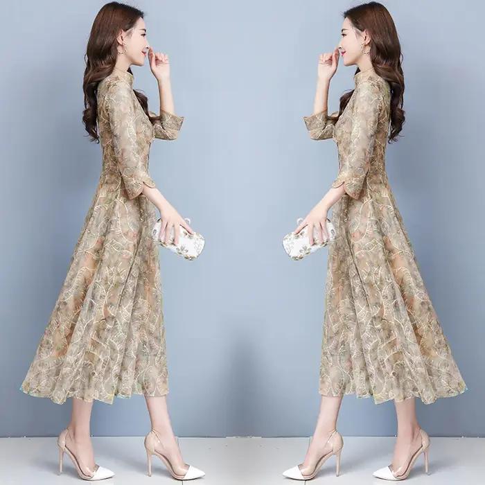 Robe mi-longue en dentelle à manches longues pour femmes, robe de soirée sexy, batterie avec piste d