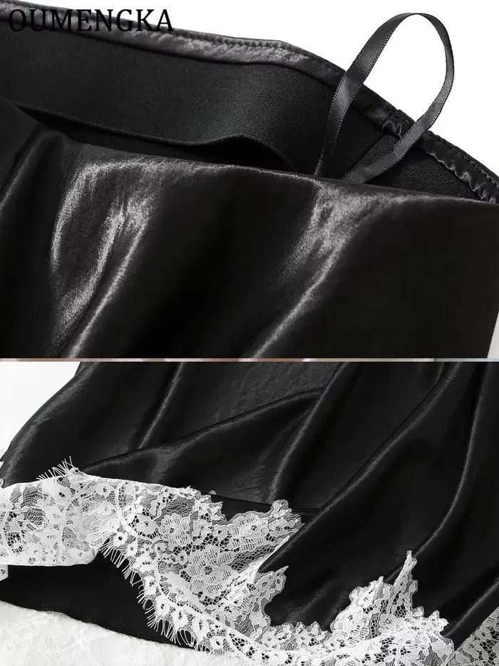 OUMENGKA été français élégant Satin sirène jupe femmes dentelle Patchwork taille élastique longue a-