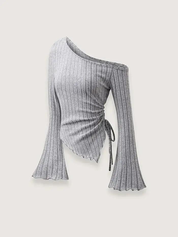 Nouveau femmes Sexy épaules nues croix à manches longues mince T-Shirt décontracté Style de rue asym