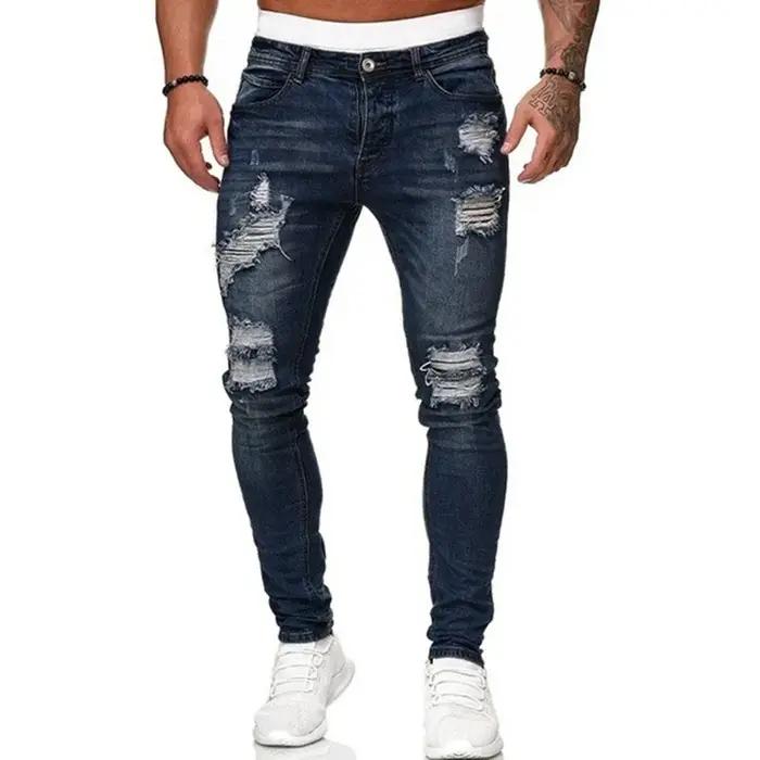 Mode Street Style déchiré Skinny Jeans hommes Vintage lavage solide Denim pantalon hommes décontract