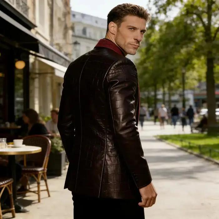 Blazer en cuir à motif crocodile pour homme, patchwork en velours côtelé, 1 bouton, col châle, veste