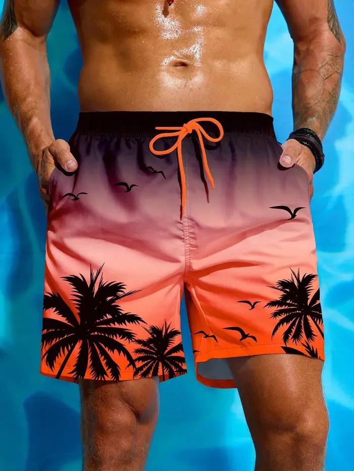 Short de bain respirant avec imprimé palmier pour hommes, short de planche à la taille, maillot de b