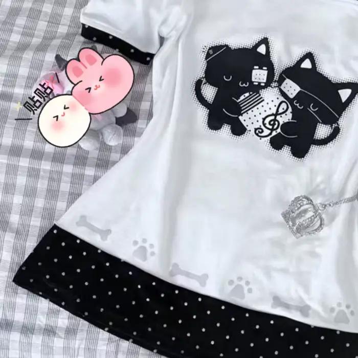 T-shirt pour femme, imprimé à pois, style japonais, kawaii, dessin animé, ample, décontracté, contra