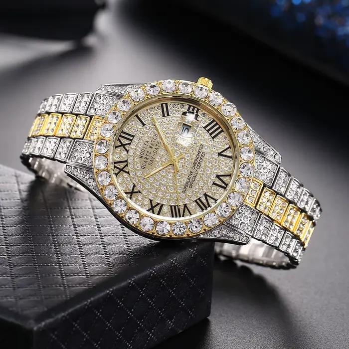Montre à quartz avec bracelet en acier doré pour homme, échelle romaine, biscuits, calendrier, montr
