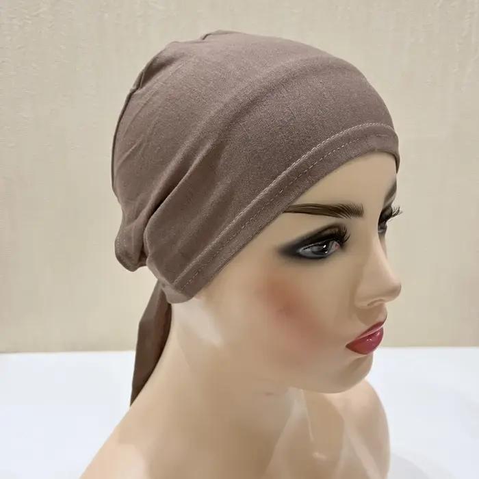 H048 coton uni cravate dos chapeaux Turban musulman couleur Pure extensible intérieur Hijabs sous-éc