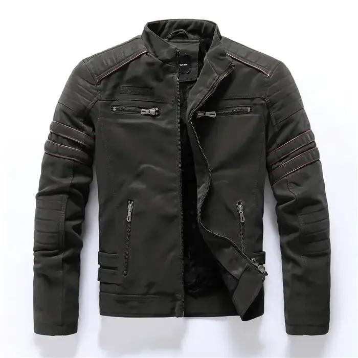 Vintage polaire veste en cuir hiver hommes marque moto PU chaud multi-poches en cuir manteau mâle fe