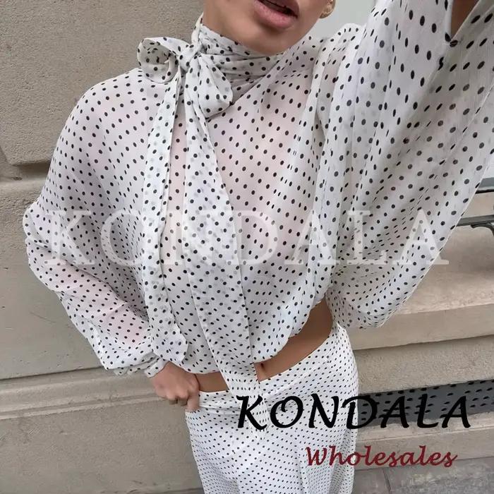 KONDALA Chic Ensemble Décontracté Femme à Pois avec Nœud, Chemise Ample Élégante + Jupe Longue Midi