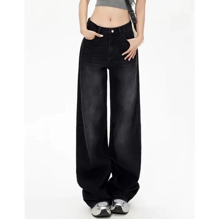Jean taille haute rétro noir gris pour femme, pantalon en Denim à jambes droites, coupe ample, fin,