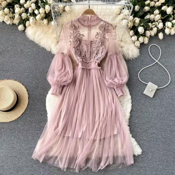 Robe longue en dentelle à fleurs et maille, manches lanternes, blanche, pour femmes, tenue de soirée