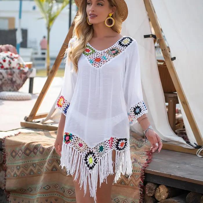 CROCHET BIKINI blanc Bikini couvrir avec frange garniture femmes Sexy creux tunique robe de plage ét