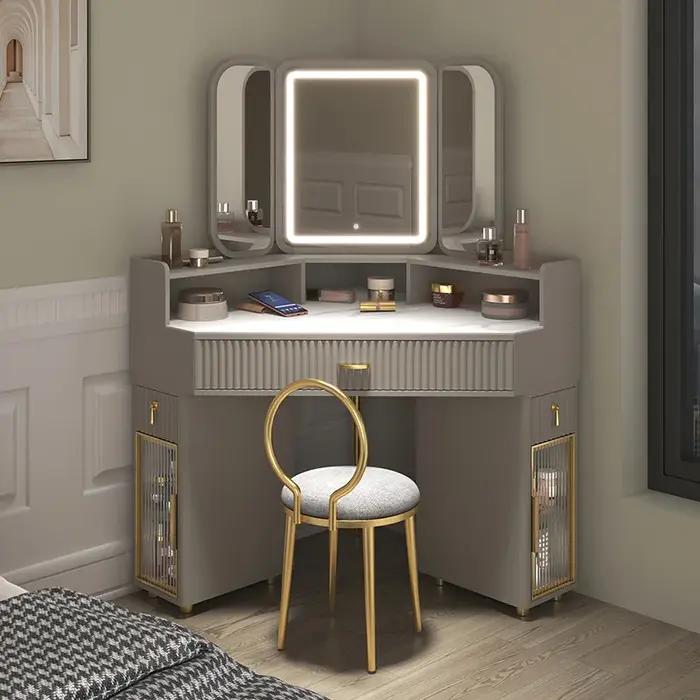 Tables de maquillage de luxe en bois massif, coin de table en élasthanne, rangement triangulaire mod