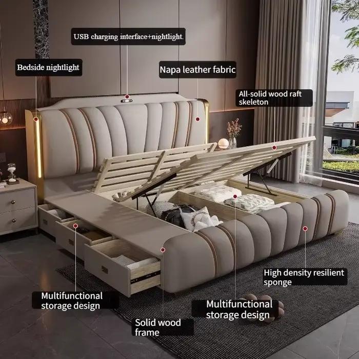 Lit Queen Size avec tête de lit esthétique multifonctionnelle pour rangement meuble de chambre à coucher舒适睡眠queen尺寸床