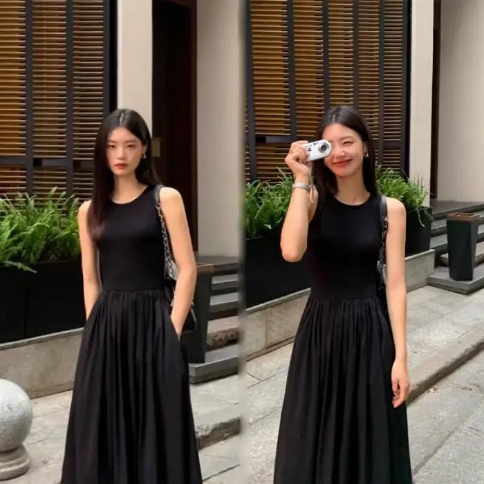 Robe mi-longue noire vintage pour femmes, style de vacances, col rond, poches décontractées, vêtemen