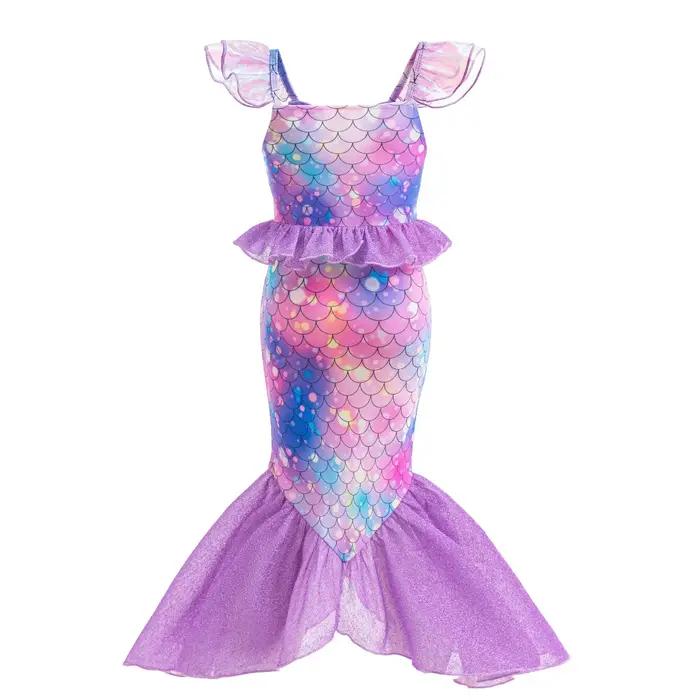 Robe princesse sirène violette pour filles - Costume queue de poisson, fête carnaval ou Halloween