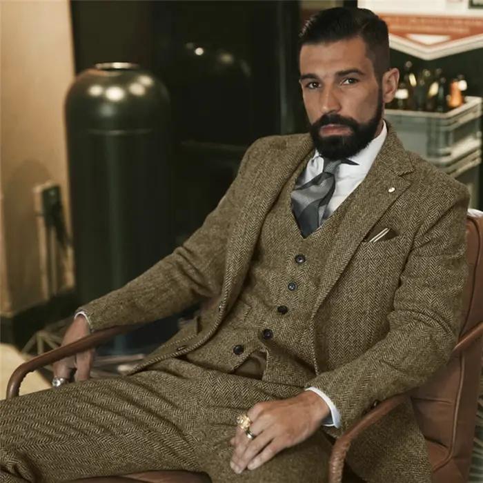 Costume d'hiver en Tweed de laine grise pour hommes, coupe cintrée, smoking formel pour marié, 3 piè
