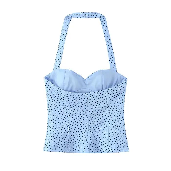 Haut pour femme, nouveau style été 2026, couleur unie, décor à pois, col halter, haut sexy, style va