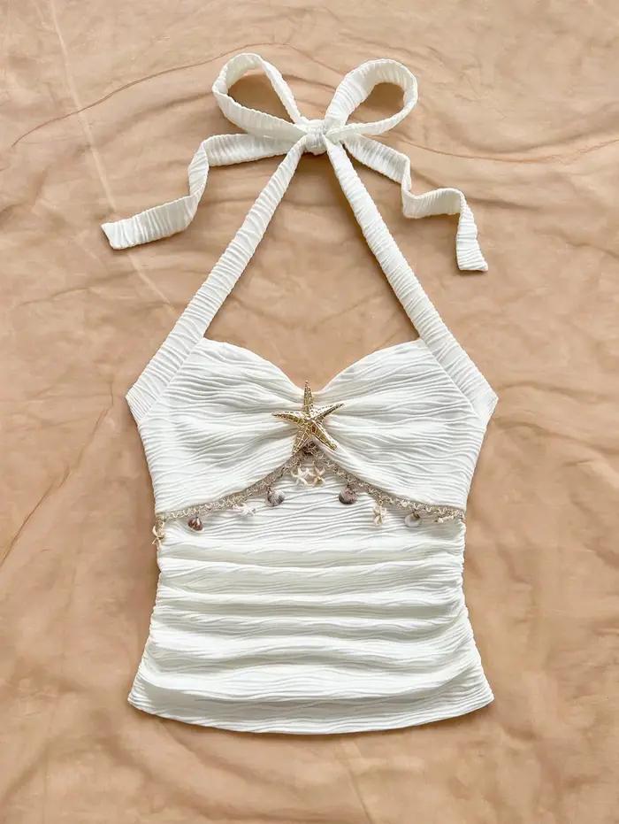 Cravate à bretelles pour femmes, décoration de coquille d'étoile de mer, gilet en tissu tricoté à bo