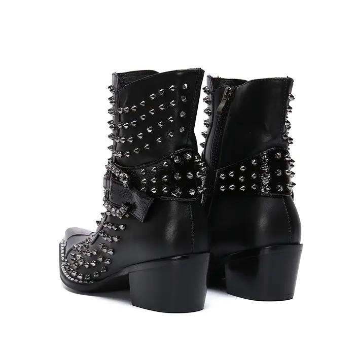 Bottes en cuir pointues à talons hauts pour hommes, chaussures de qualité, rivet, personnalité, chan