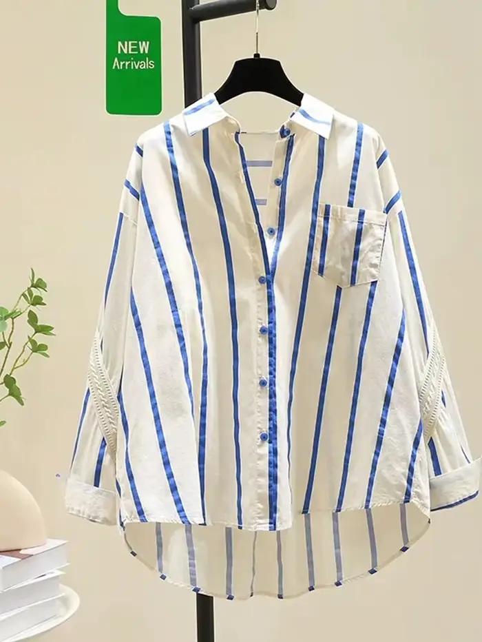 Chemise surdimensionnée à rayures bleues pour femmes, Design jeune, Patchwork, à la mode, début d'au
