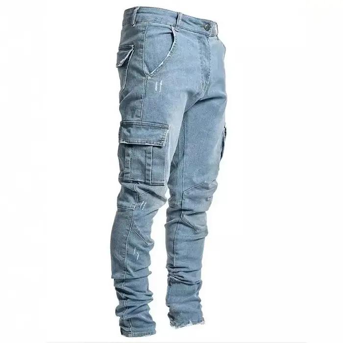 Jeans en denim élastique pour hommes, pantalon cargo multi-poches, coupe slim décontractée, jogging