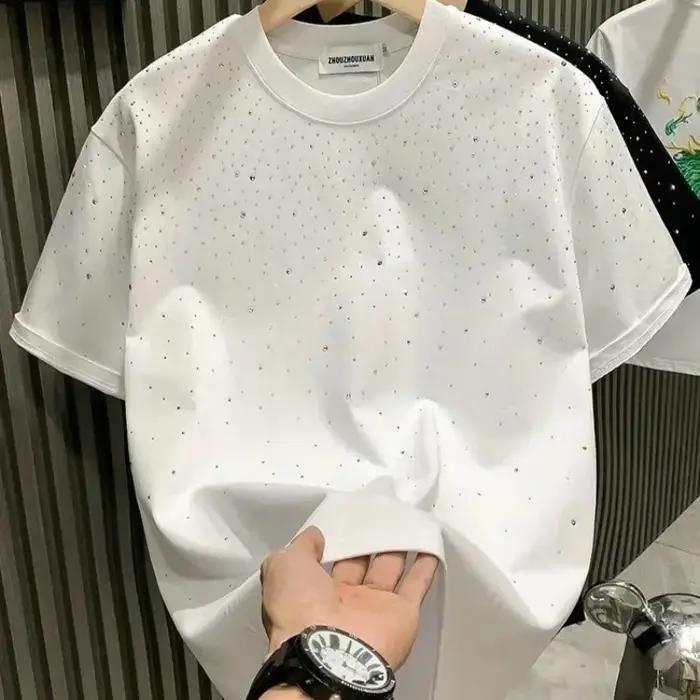 Nouveau luxe hommes T-shirt diamant chaud imprimé demi manches mode col rond décontracté été haut de