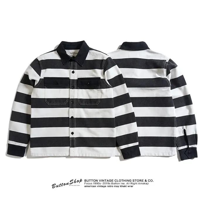 Automne nouveau américain rétro 16oz lourd prisonnier rayé veste hommes mode pur coton lavé épais to