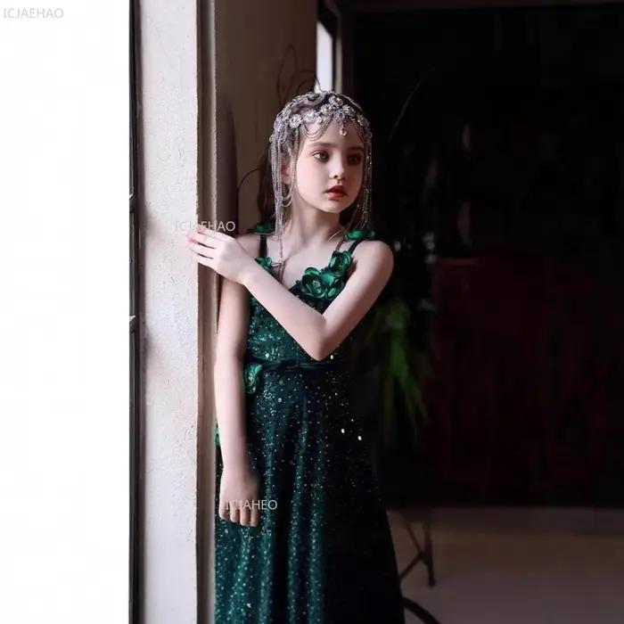Robe de princesse vert forêt pour filles, robe de cérémonie pour enfants, robe de mariée pour filles