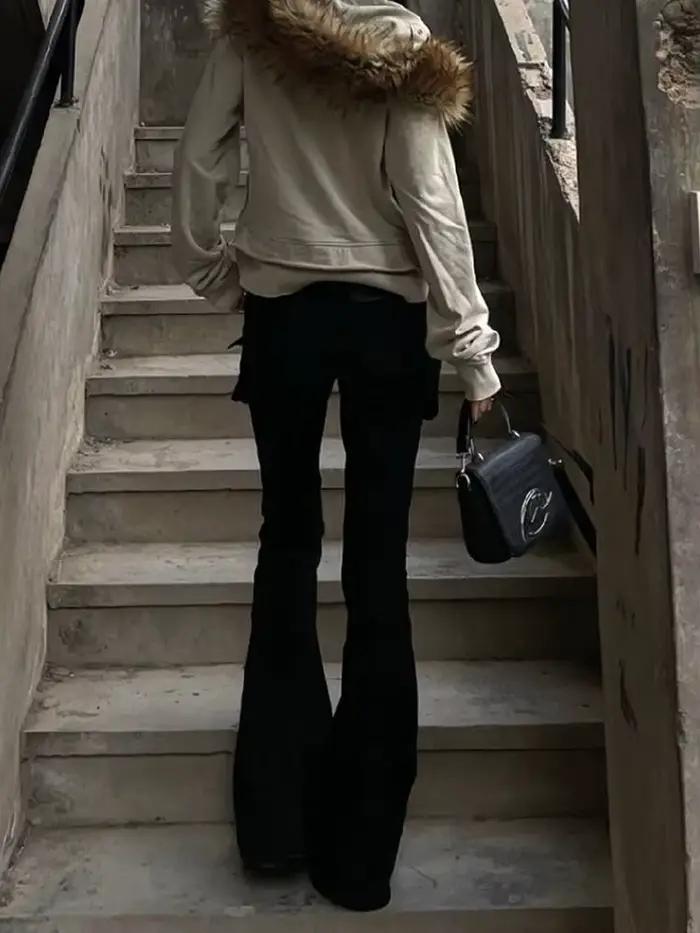 Pantalon Long évasé pour femmes, académique foncé, Goblin Core, Gyaru Goth, taille basse, Streetwear