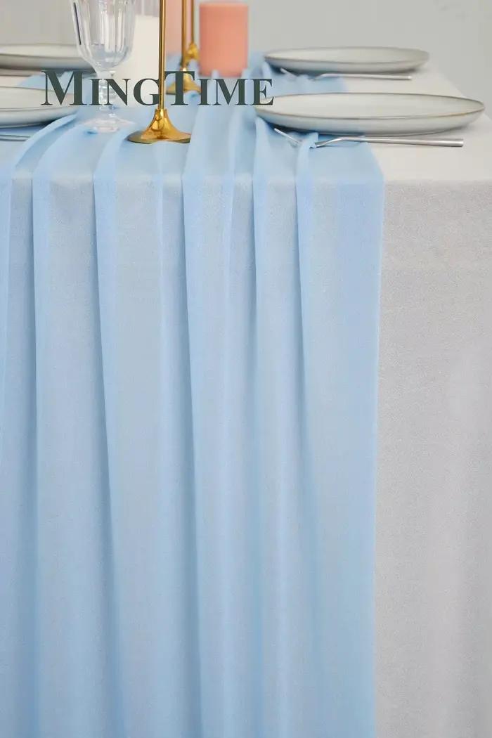 Chemin de Table en mousseline de soie transparente, couleur unie, bleu rustique, style Boho, fête de