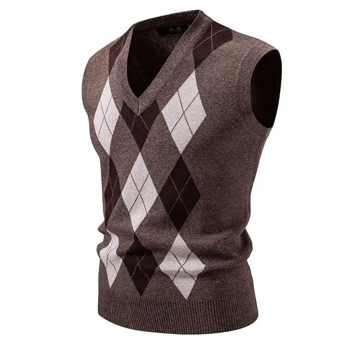 Nouveaux hommes Argyle tricots gilet col en V sans manches décontracté coupe ajustée pull tricoté pu