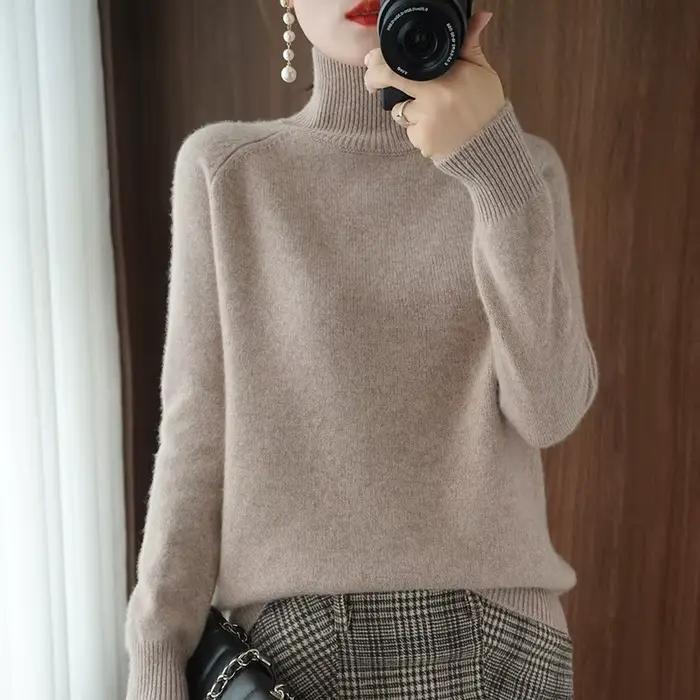 Automne hiver col montant laine mérinos pull basique décontracté pull en cachemire confort femmes ma