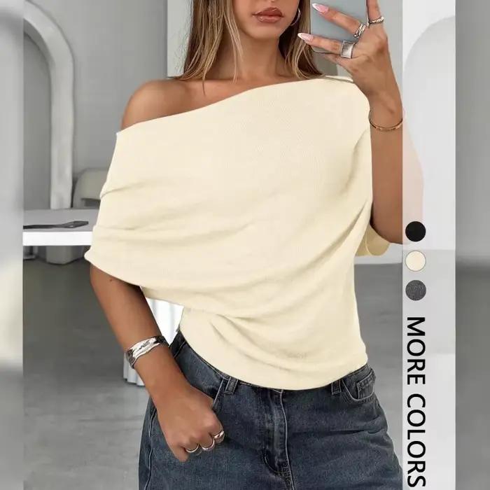 BKQU T-shirts d'été sexy à une épaule, mode slim, manches courtes chauve-souris, crop tops froncés,