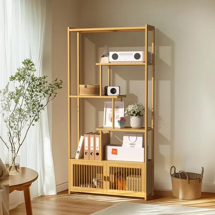 Unité de rangement en bambou T1 avec étagères hautes et basses, étagère, support de plante pour l'or