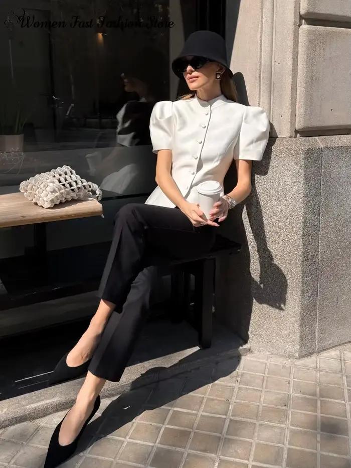 Manteau élégant à manches courtes et simple boutonnage pour femme, débardeurs unis à col rond, Nouve