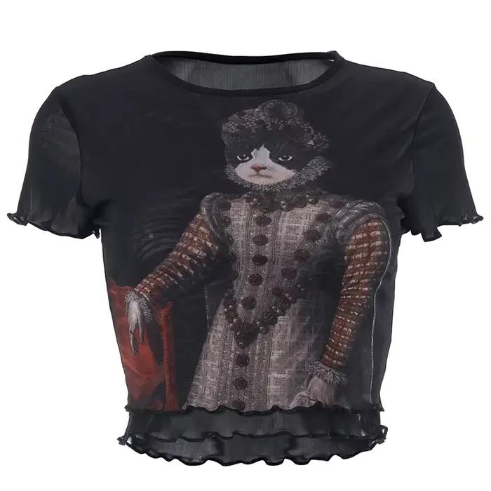 Y2K-T-shirt à manches courtes en maille de dentelle pour femmes, haut court imprimé chat, transparen