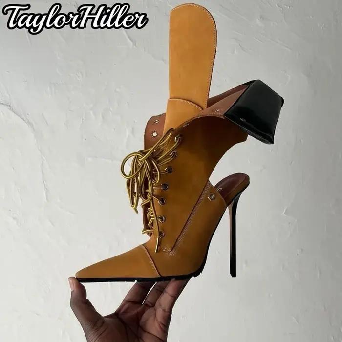 Gladiateur talons Patchwork avant à lacets bottes bout pointu chaussons aiguilles femmes luxe chauss