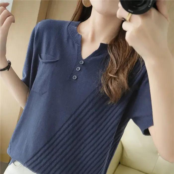 T-shirt tricoté à manches courtes et col en v pour femme, haut ample et décontracté, couleur unie, 1