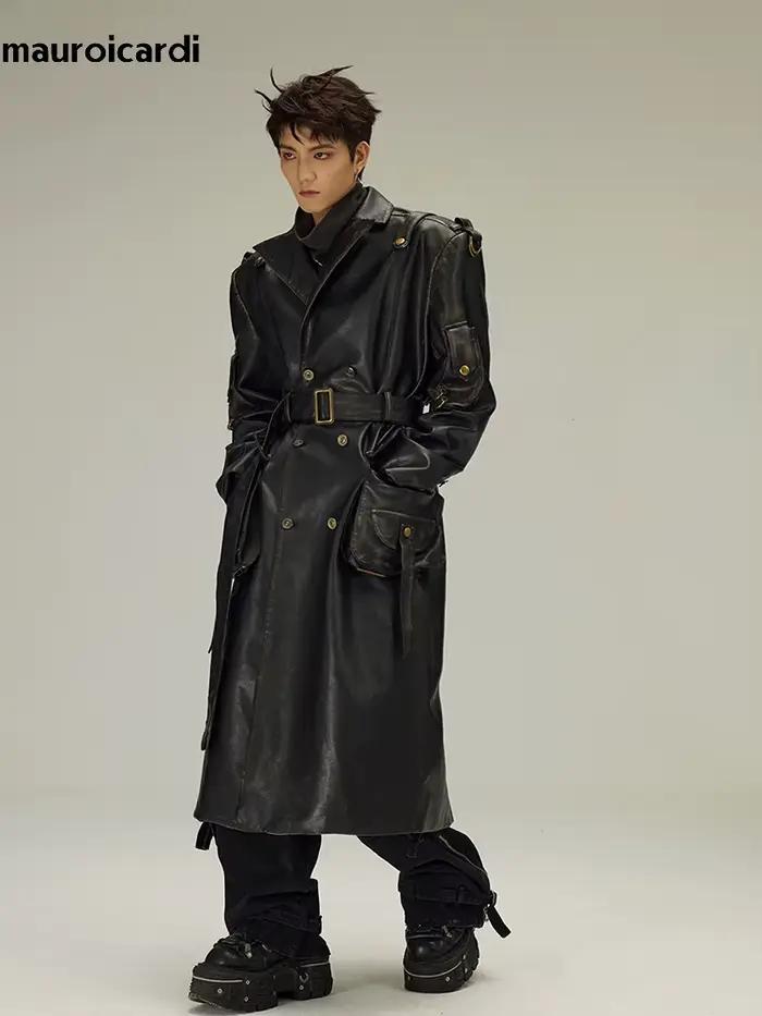 Mauroicardi-Manteau Long en Cuir Pu Noir pour Homme, Ceinture Double Boutonnage, Luxe, Mode Européen